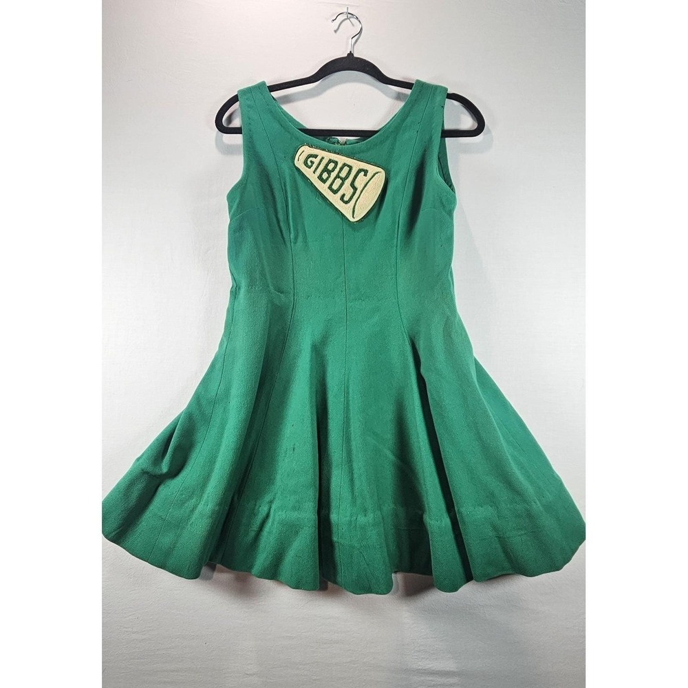 Vtg Green Cheer Uniform Dress "Gibbs" Patch Front Zip‎ Handmade Flare Skirt